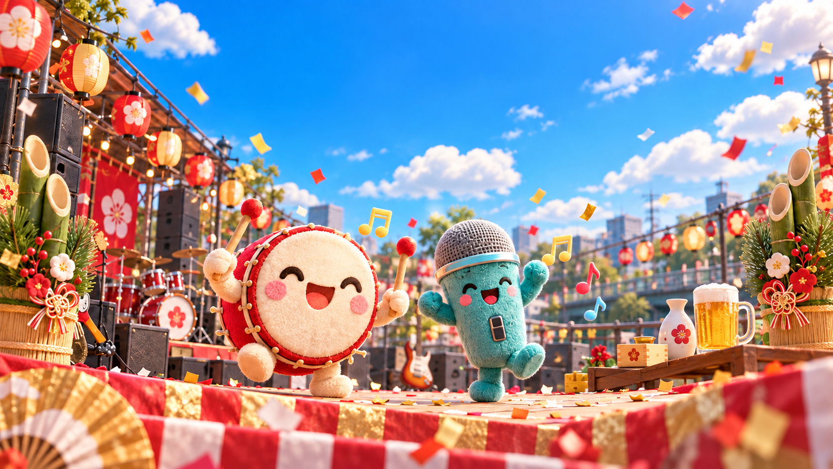 門松と提灯に囲まれて、ぬいぐるみ風のドラムとマイクが音楽祭を楽しむイメージイラスト